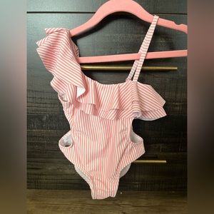 Toddler Girl Peach & White Striped Swimsuit